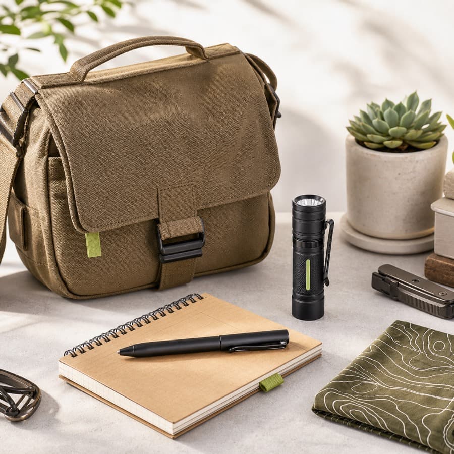 ZULUTIN EDC kit arranged on a bright tabletop
